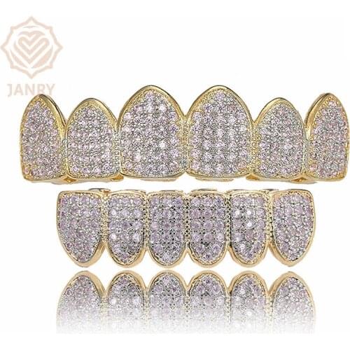 JANRY New Fit Micro Pave Pink Cubic Zircon Top&Bottom Teeth Grillz HipHop Grills For Women Men Gifts