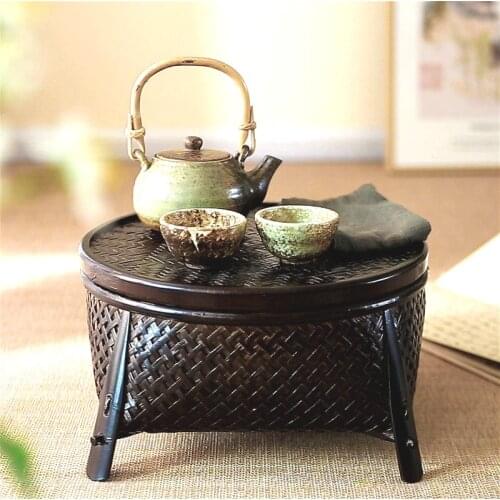 Chinese Tea Table Thai Style Retro Kungfu Tea Sets Include Bamboo Baskets with Covers for Household Round coffe tables 2 color