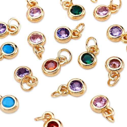 20Pcs/lot Brass Micro Pave Cubic Zirconia Charms Mixed Color Flat Round Pendant Charms Jewelry Accessories DIY Jewelry Making