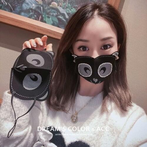 Womens Black Cute Cartoon Panda Dustproof Elasticity Comfort Fashion Decoration Mask Breathable Lolita Kawaii Diamond Mask