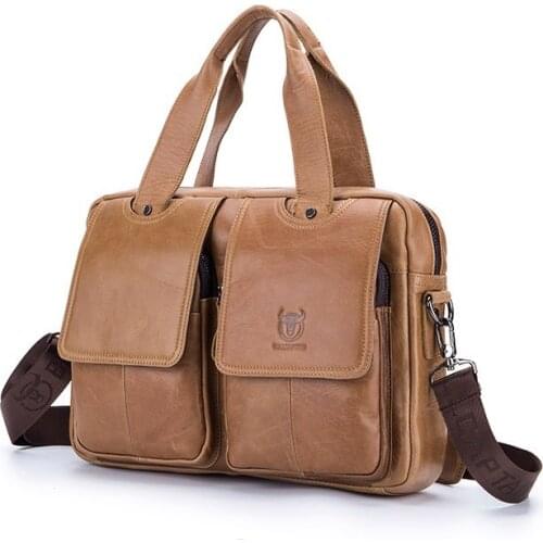 BULLCAPTAIN Mens Real Leather Briefcase 14 Inch Laptop Sleeve ,Casual Shoulder Messenger Bag, Tote, Work, Office