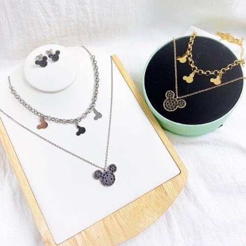 Cartoon Kawaii Mouse Pendant Necklace Titanium Steel Chain Necklace Inlaid Crystal Fashion Trendy Women Jewelry Birthday Gift
