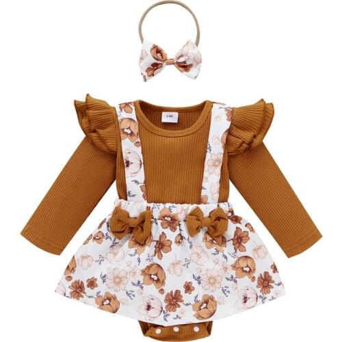 2Pcs Baby Girls Summer Floral Long Sleeves Suspenders Romper Dress + Hairband For Toddler Girls 0-24 Months