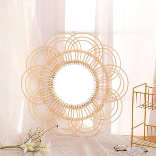 Woven Rattan Dressing Mirror Innovative Art Decor Round Makeup Mirrors Bathroom 11UA