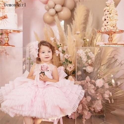 Pink Puffy Girls Birthday Dresses O Neck Knee Length Little Princess Party Gown for Special Occasion 1-12Y