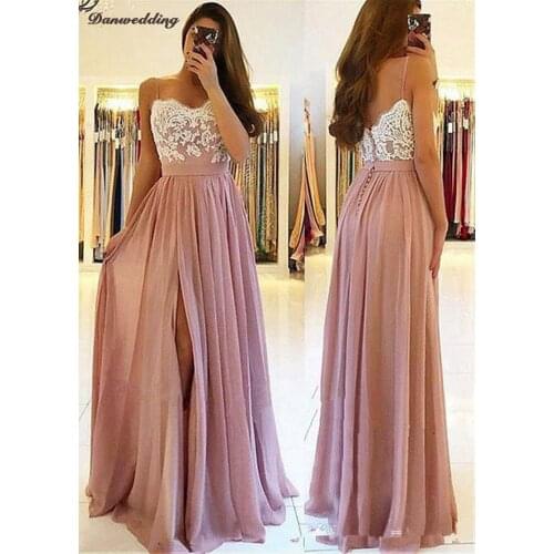 Sexy Side Split Chiffon Evening Dresses Sweetheart Spaghetti Straps Floor-Length Lace Applique Prom Dress Girl Party Dresses