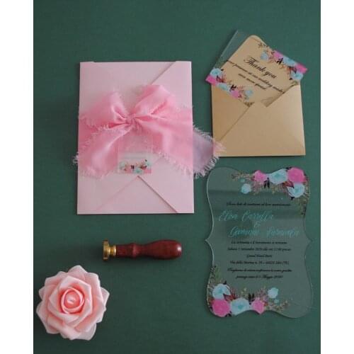 10pcs 2020 Romantic Pink acrylic wedding invitation ,Custom writing pink lace envelope