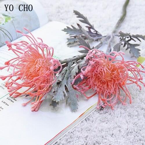 YO CHO artificial flower Leucospermum wedding decoration fake flower short branch 2 fork flocking pin cushion flower