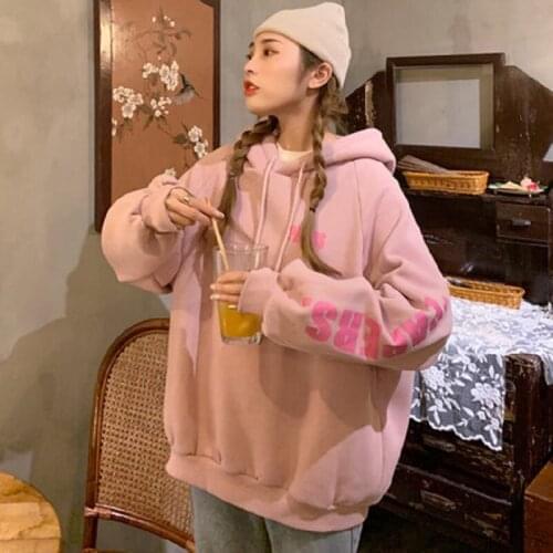Women fleece hoodie sweatshirts winter japanese fashion oversize ladies pullovers warm pocket hooded hoody clothes sweatshirt