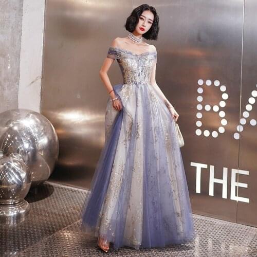 Women Elegant Off-shoulder Lace-up Formal Prom Gown Long A-Line Sequin Evening Dresses вечернее платье