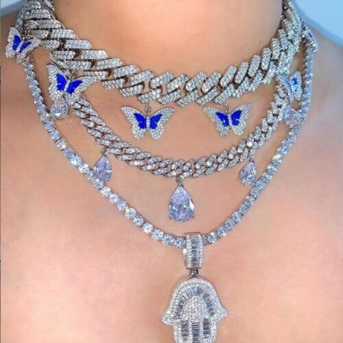 15'' 16'' Hiphop Iced Out bling cz enamel blue Butterfly 5A cubic zirconia Miami cuban link chain 15mm Choker necklace for Women