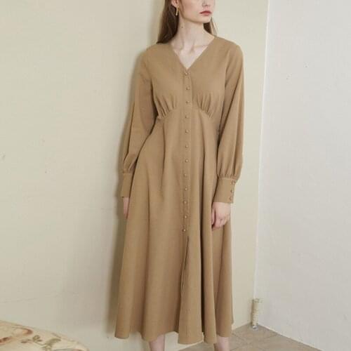 Johnature 2021 Spring New V-neck Fashion Simple Party Dresses For Women 3 Colors Loose Single-breasted Dress