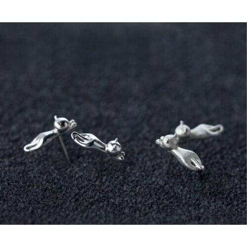 11MM*4MM cute Real. Real. 925-Sterling-Silver polished/ brushed matte Jumping Cat stud earrings ear-bone Pet charming C-E3054