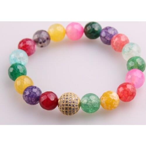 Free shipping Micro Zircon Pave Ball 10mm Multicolor Natural Faceted Agat Beads Stone Bracelets One drill ball Yoga Bracelet