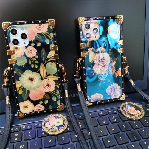 Vintage Rose Flower Glitter Square Phone Cover Lanyard Cord Strap Case for Motorola Moto G Power 2021 G Stylus G Play One5G ACE