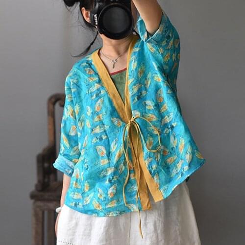 Johnature Women Bandage Shirts Ramie Vintage Blouses 2021 Summer New V-Neck Long Sleeve Chinese Style Patchwork Women Shirts