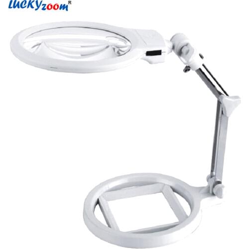 LUCKY ZOOM Desktop Magnifier LED Illuminated Magnifier Lamp Foldable 2.5X, 5X Magnifying Glasses Read Repair Jewelry Loupe