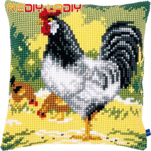 Cross Stitch Cushion Cover White Rooster Pillow Case Pre-Printed Canvas Acrylic Thick Yarn Arts Cross-stitch Needlepoint Kits