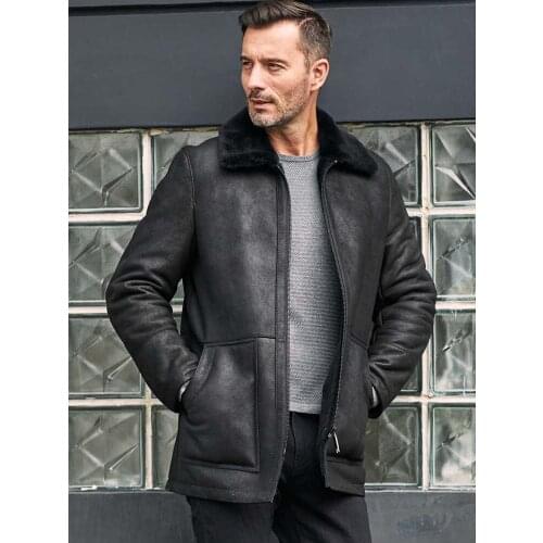 New Mens Shearling Coat Long Lapel Winter Overcoat Natural Sheepskin Fur Outerwear Black Leather Jacket