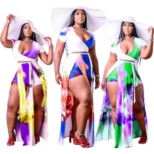 New Arrivals Women Plus Size Tie-dye Printing Jumpsuits 2021 Summer Sexy Deep V-neck Lace-up High Split Bohemian Rompers