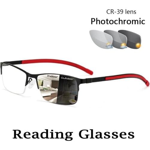 2021 Transition Photochromic Reading glasses Women Men Anti-blue light Outdoor Alloy Red Half-Frame Glasses Diopter 1.0 To 4