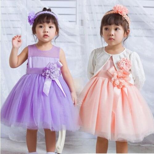 Newborn baby girl clothes Princess Christening Dress tulle Flower Dresses for Birthday Baptism Party + Headband Purple White