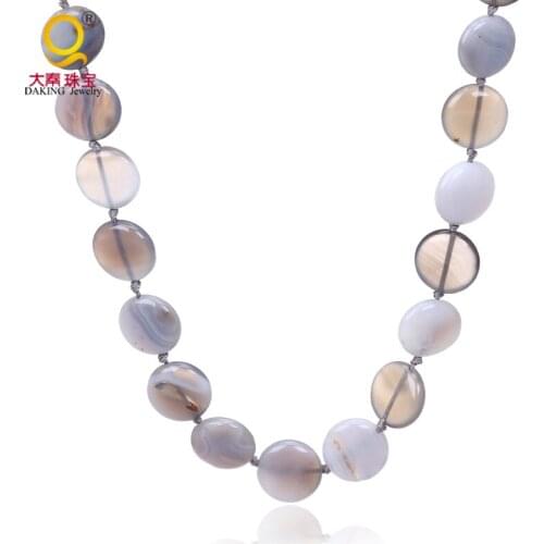 High quality natural stone necklace grey stone necklace oblate coin shape semi-precious stone beads jewelry