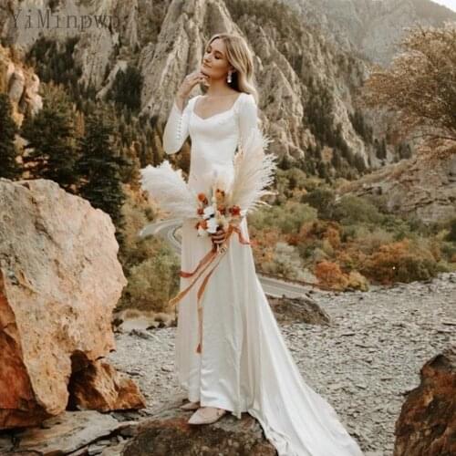 YiMinpwp Simple Mermaid Wedding Dresses Long Sleeve Square Neck Sweep Train Beach Bridal Gowns vestidos de novia