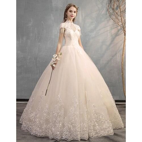 High Neck New Vestidos De Noiva 2021 Elegant Suknia Slubna Wedding Dress Appliques Tassel Princess Lace Wedding Gowns Trouwjurk