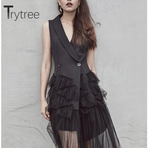 Trytree Summer Autumn Sleeveless Formal Dress women Mesh Cascading Ruffle hem Notched dresses A-Line Patchwork Casual Dress