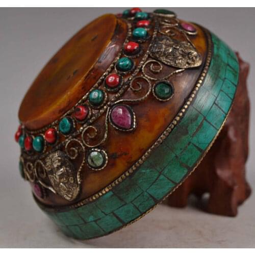 Elaborate Chinese Old Tibetan Buddhism Copper Handmade Inlaid with Artificial Ruby Beads Ornament Bowl