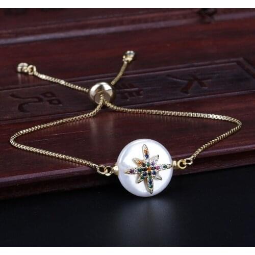 Rainbow Mix Cz Micro Paved Tiny Star Charm Round Coin Pearl Connector Charm Gold Dainty Link Bracelet For Woman Jewelry Gift