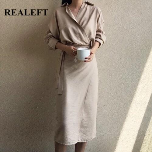 REALEFT 2021 New Spring Autumn Womens Shirt Dresses Lace Up Cross V-Neck Long Sleeve Korean OL Casual Loose Shirt Dress Lady