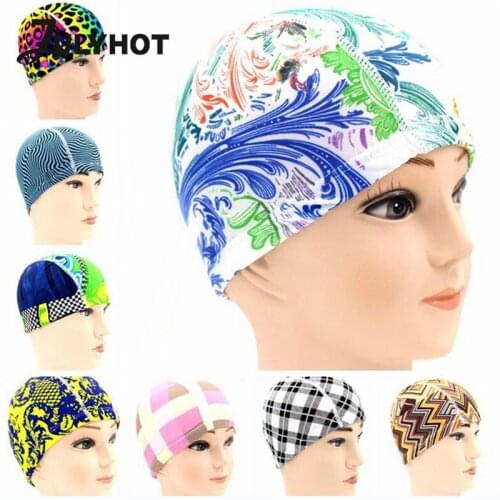 Free Size Ears Swimming Cap Long Hair Sports Swim Polyester Protect Pool Hat For Men Women Adults Print Swim Caps