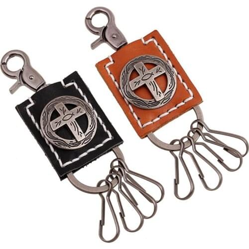 Vintage Fashion Cross Genuine Leather Keychain Metal Rings Jesus Fish Holder Hiphop Punk Pant Car Keys Accessories Retro Keyring