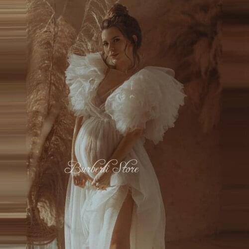 High Quality Puffy Half Sleeves Tulle Maternity Gowns For Photography 2021 Sexy V-neck Side Slit Pleats Mesh Pregnancy Dress
