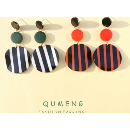 QUMENG 2020 New Stripe Korean Black White red Big Round Earrings for Women Long Statement stud Earring ol vintage styles Jewelry