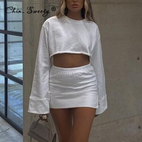Womens Solid Crop Tops Mini Skirts Suits 2021 Autumn Long Sleeve O-neck Top Slim Skirt Two Piece Set Ladies Sexy Fashion Sets