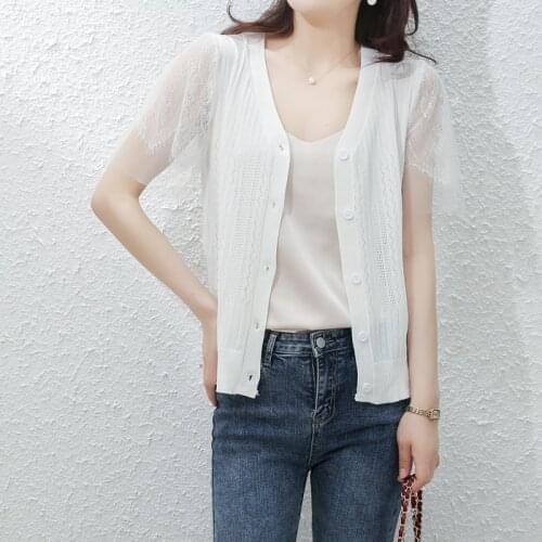 2021 Summer Short Sleeve Womens Sweater Tops V-neck Cardigan Loose Lace Patchwork Hollow Out Women Tops Casual Clothes