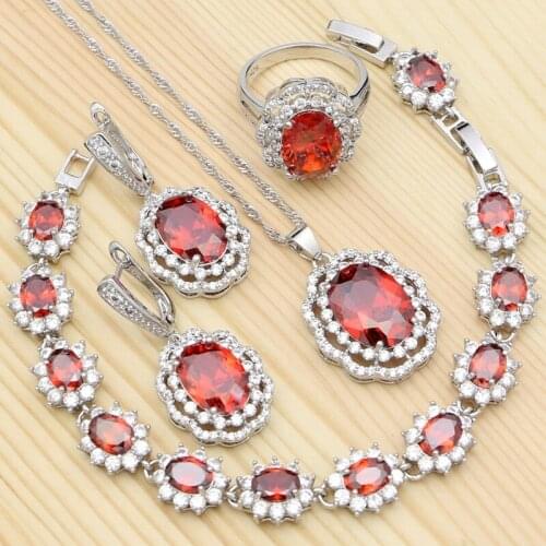 Bridal 925 Silver Jewelry Sets For Women Wedding Red Cubic Zirconia Ring/Bracelet/Necklace/Pendant/Earrings Jewelry Silver Kits