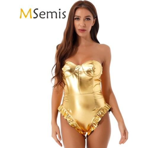 Womens Shiny Faux Leather Bodysuit Off Shoulder Strapless Leotard Stage Show Club Wear Glossy Zipper Ruffled Jumpsuits