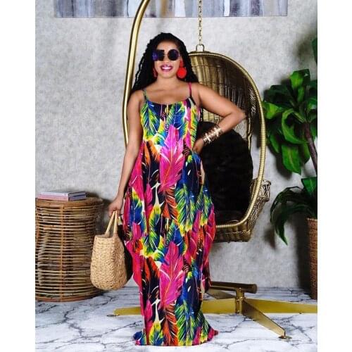 2021 Best Quality Famous Brand Dress Print Spaghetti Strap Summer Beach Loose Maxi Dress Vestidos