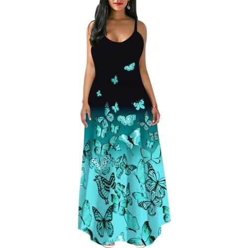 Summer Dress Butterfly Print Maxi Dress Spaghetti Strap Women Vintage Long Party Maxi Dress Casual Elegant Beach Dress 2021 D30