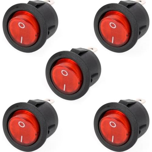 5Pcs/Lot AC 6A/250V 10A/125V Mini Round Rocker Switches, SPST 3Pin 2 Position With Red Light Rocker Switch