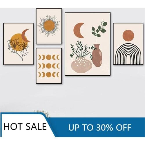 Boho Art Prints Abstract Wall Art Canvas Painting Poster Plant Line Drawing Sun Moon Burnt Orange Wall Decor For Living Room Dec