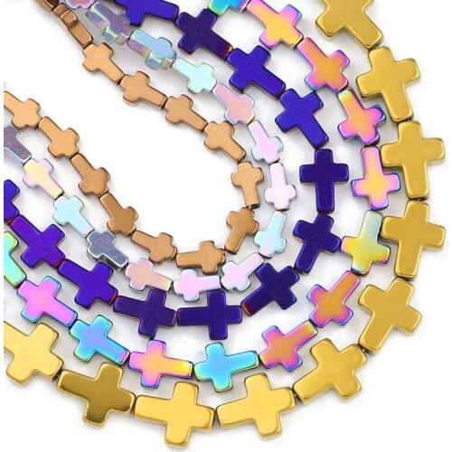 Natural Stone Cross Jesus Hematite 6/8/10MM Blue,Gold,Green,Red Spacer Loose Beads For Jewelry Making Diy Bracelets Accessories