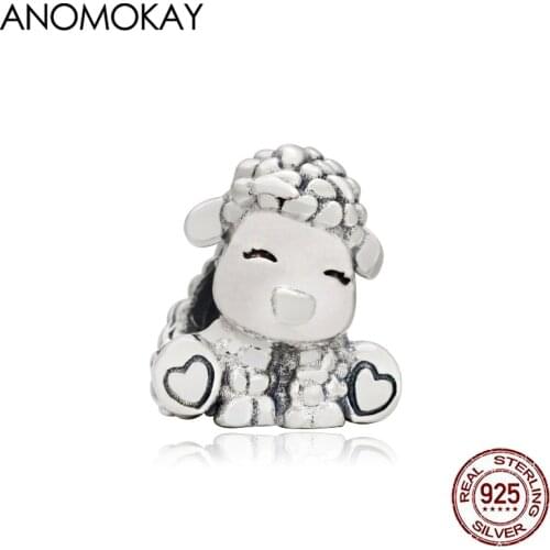 Anomokay New Lovely Sheep 925 Silver Charm fit Bracelet & Bangle Cute Animal Beads for DIY Jewelry Making