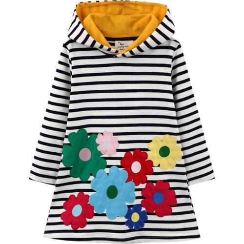 Kids Frocks 2021 New Autumn Baby Girl Clothes Brand Dress Toddler Cotton Striped Flower Applique Hooded Dress for Kids 2-7 Years