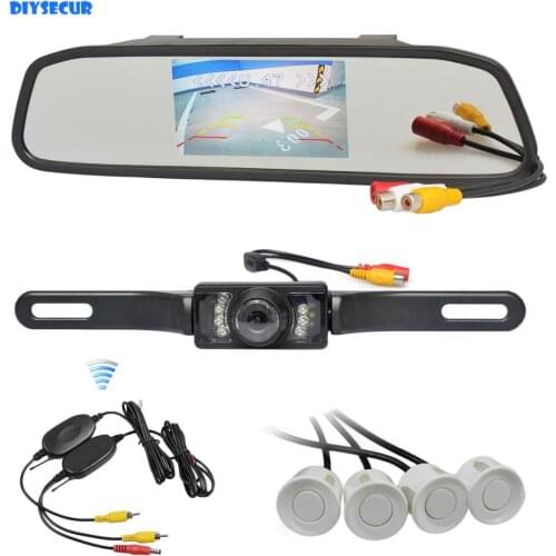 DIYSECUR Wireless Video Parking Radar 4 Sensors 4.3" Car Monitor Mirror Monitor + IR Rear View Car Camera