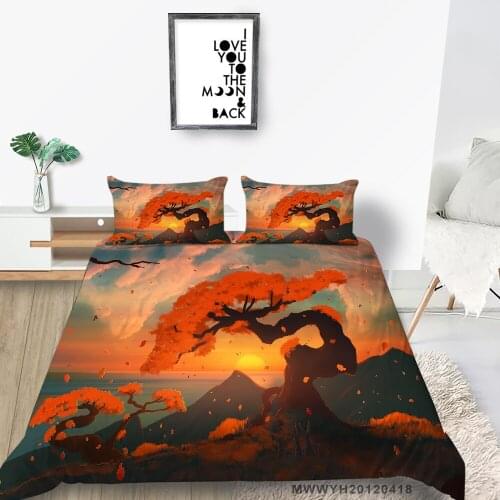 Red Leaves Bedding Set Sunrise By The Sea Romantic Duvet Cover For Children Twin Full Double Queen King Single Bed Set Cartoon
